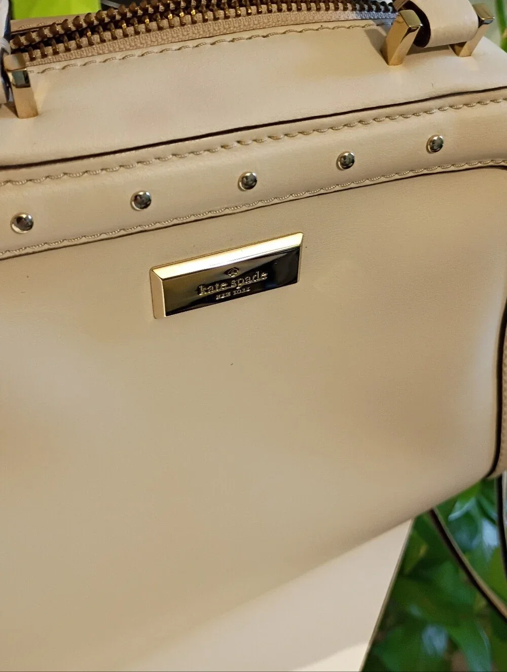 kate spade Cream Studded Satchel with Gold Hardware